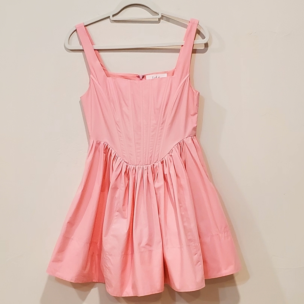 LeLe Pink Poplin Corset Bodice, Square Neck Mini Dress, Wm Med. EUC